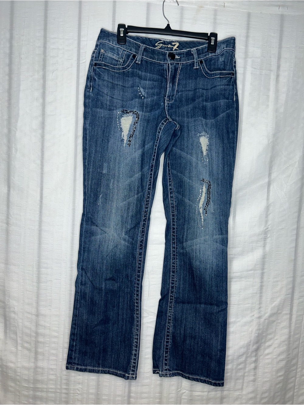 Seven7 Jeans Women's 14 Medium Wash Low Rise Jeans Boot Cut Rhinestones 32x30